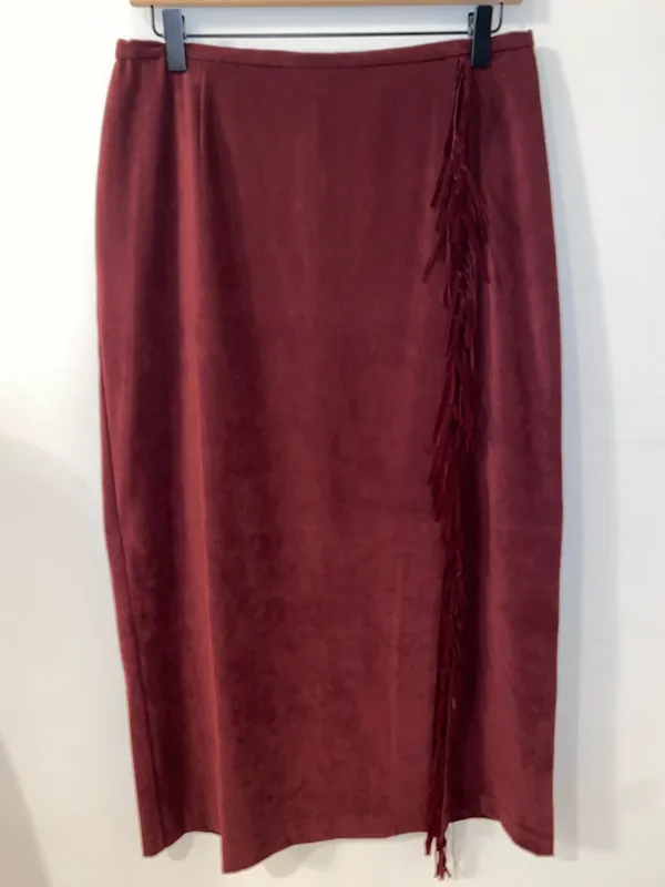 Norton McNaughton Western Burgundy Fringe-Trim Maxi Skirt Faux Suede Size 10 - Image 2