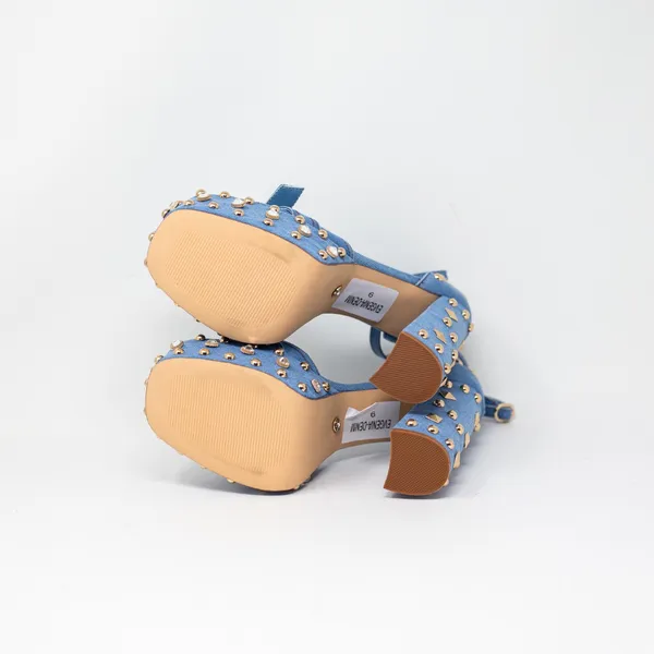 NW Azalea Wang Evgenia Denim Platform Studded Embellished Sandals Heels Blue 6 - Image 4