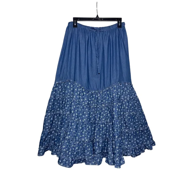NWT EASEL Women’s Boho Blue Chambray Floral Print Tiered Maxi Skirt - Image 2