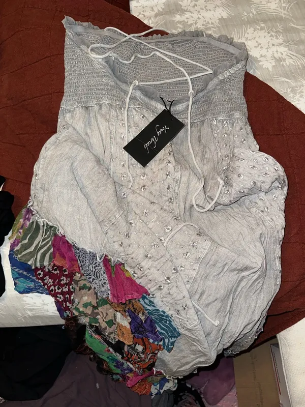 Young Threads NWT Boho Light Gray Maxi Dress with Patchwork Ruffle Hem - Image 3