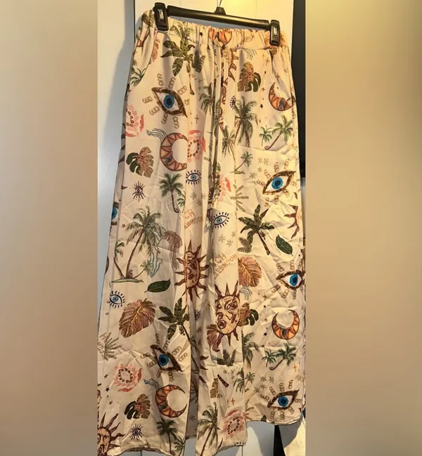 New Moon Stars Sunflower Evil Eye Printed Flared Pants New In Poly Bag - Image 3