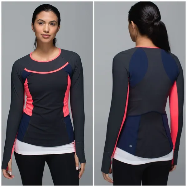 Lululemon Trail Bound Long Sleeve Deep Coal‎ Deep Navy Electric Coral Size 4 - Image 2