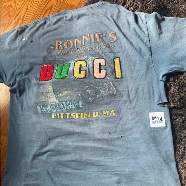 Dirty Bleach Gucci Patch Distress Oversized Shirt Blue Size XL - Image 8