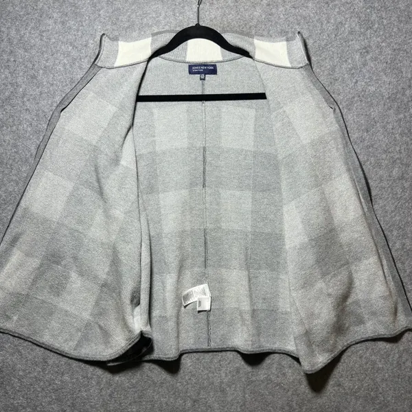 Jones‎ New York Sweater Poncho Cape Grey White Buffalo Plaid Full Zip Front L/XL - Image 9