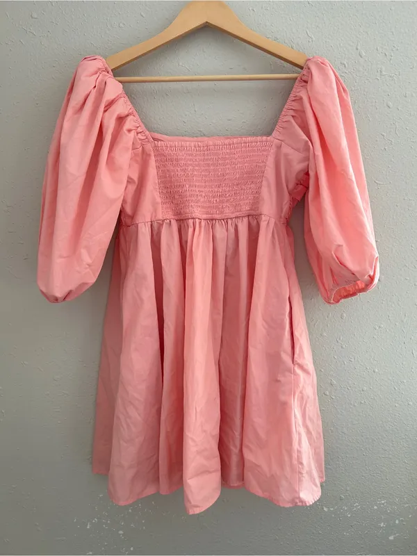 Abercrombie & Fitch Puff-Sleeve Square Neck Mini Dress in Blush Pink Preppy - Image 7