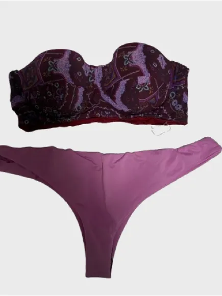 Zinke Plum Patterned Bandeau Top with Pink Bikini Bottom - Image 3