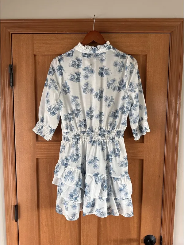 NWT The Shirt Rochelle Behrens Tiered Mini Dress White Blue Floral Women’s Small - Image 7