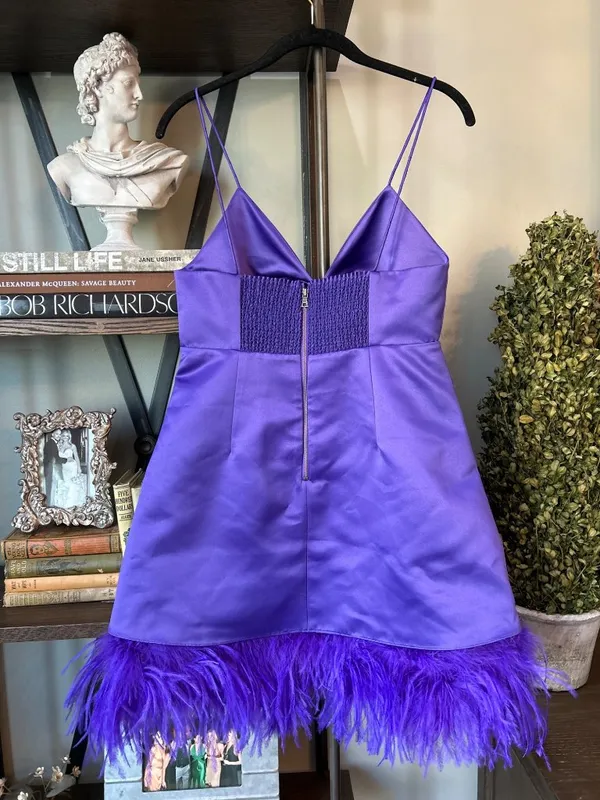 Alice + Olivia Necole Cutout Feather Hem Mini Dress Purple Womens 6 - Image 10