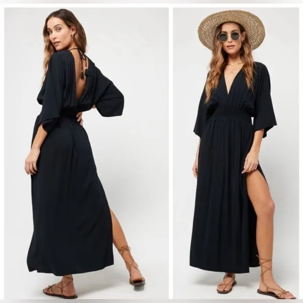 NWT L*Space Sungazer Dress Black Beach Cover Up Deep V Neck Size Small - Image 3