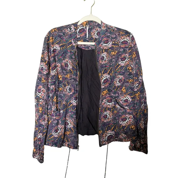 Free People Floral Bomber Jacket Balloon Sleeves Zip Front Boho Size Small - Image 11