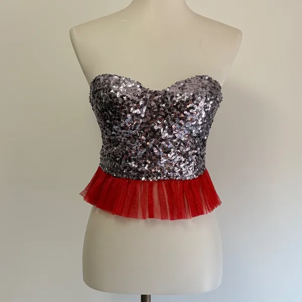Wet Seal Sequin Strapless Peplum Corset Top Medium Silver Red Y2K Part Festival - Image 2
