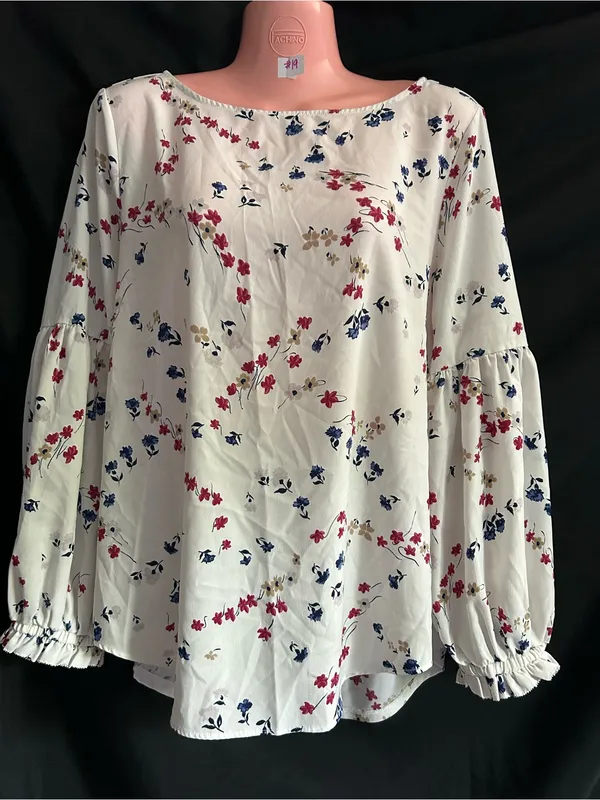 Ann Taylor White Floral Bell-Sleeve Blouse Red, Navy & Tan Print LG - Image 8