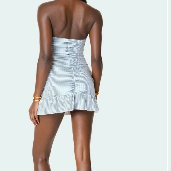 Edikted Gaia Gathered Mini Dress blue white striped small - Image 2