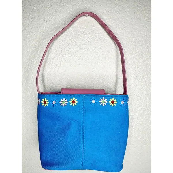 Ralph Shoulder Bag Womens Small Blue Canvas Pink Leather Floral Embroidery - Image 4