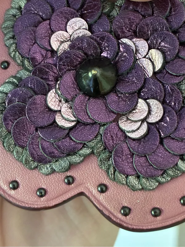 Coach Leather Sequin Applique Tea Rose Key Ring Bag Charm, Pink / Purple, 32677 - Image 14