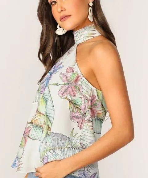 New- Medium off-white floral crêpe high neck halter top - Image 2