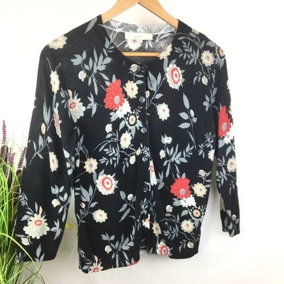 Ann Taylor Black Dark Moody Floral Knit Button Up Cardigan Sweater M - Image 3