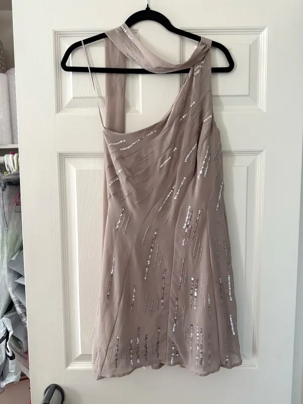 BNWT Zara Stone Grey Sequin Beaded Foulard Scarf Mini Dress - Image 8