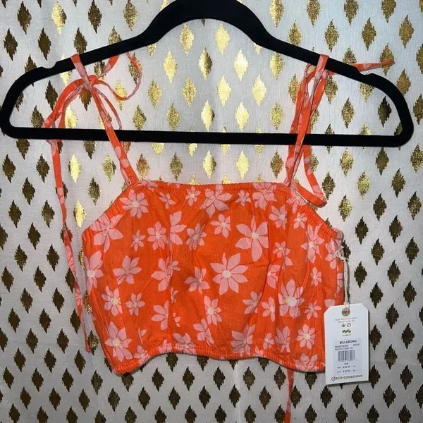 NWT orange Billabong X Wrangler Perfect Pair Tie Strap Floral Daisy Crop Top siz - Image 4