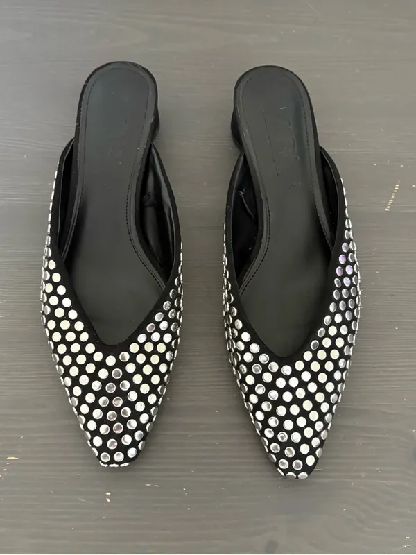 ZARA Black Studded Mules Size 37 Pointed Toe Kitten Heel Slip On Flats Chic - Image 12