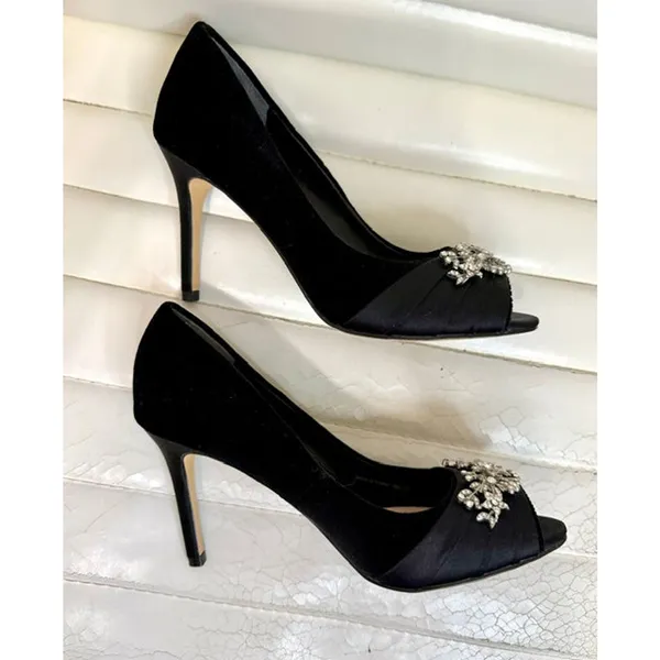 Nina Black Velour Jeweled Peep-Toe Heels Sz7 - Image 4