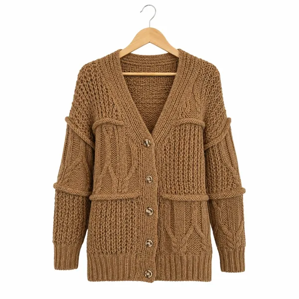 Leela & Lavender Oversized Tan Boyfriend Grandpa Cable Knit Cardigan Sweater L - Image 2