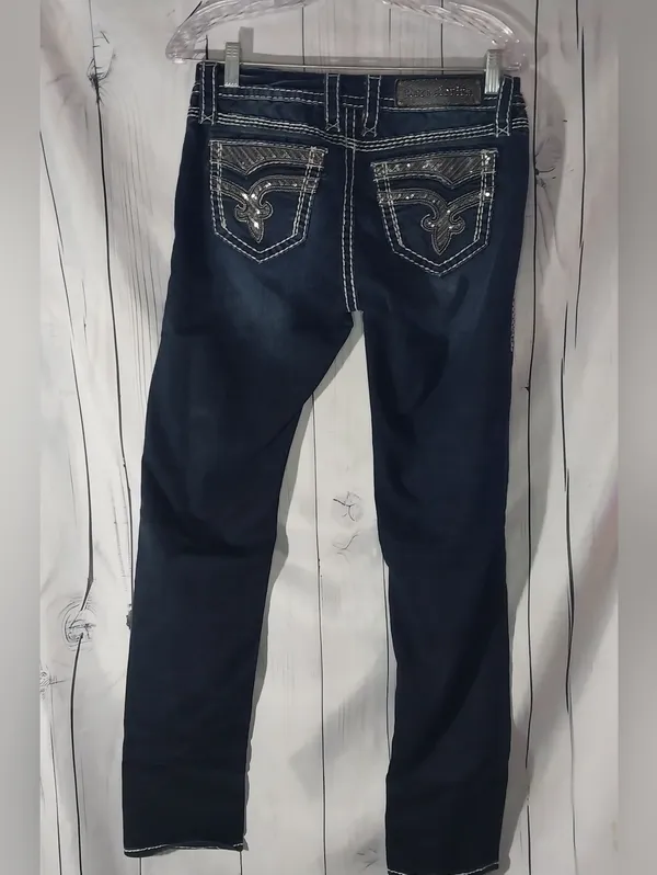 Rock Revival Vivian Fleur-De-Lis Dark Blue Embellished Y2K Skinny Bling Jeans - Image 2