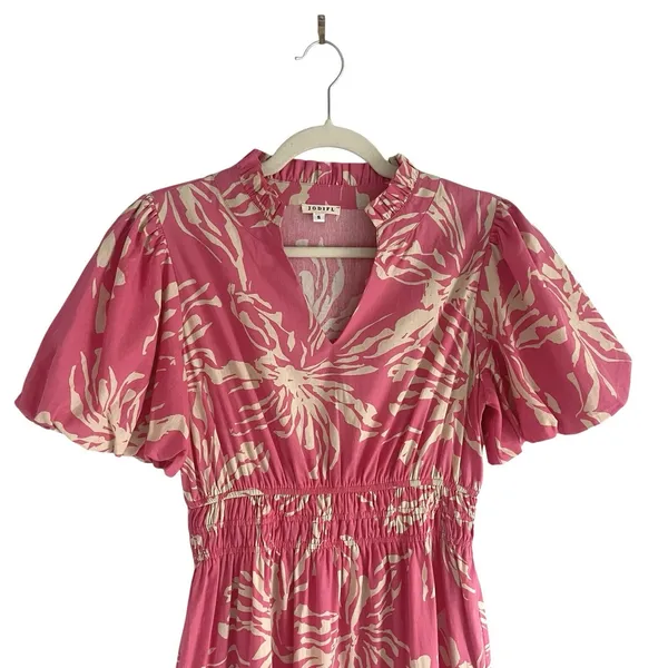 Jodifl Pink Floral Maxi Dress Puff Sleeve Sz Small Tiered Boho Cottage core chic - Image 5