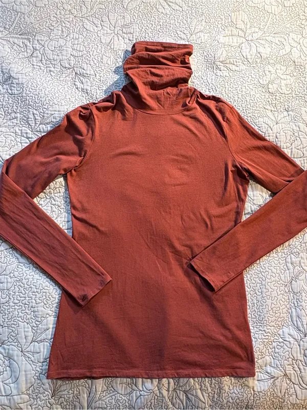 💥Peruvian Connection Extreme T-Neck Terracotta Pima Cotton Stretch Top Sz M🧡 - Image 8