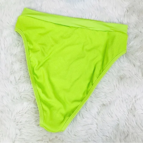 L*SPACE Frenchi Bitsy Cut Bikini‎ Bottom Large Green Neon High Waist Ribbed New - Image 3