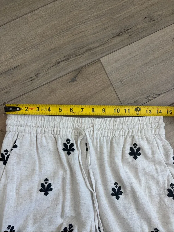Zara Off White Black Linen Blend Geometric Boho French Countryside Casual Pants - Image 8