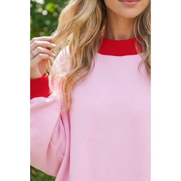 Contrast Trim Crew Neck Sweatshirt - Pink - Large - Image 3