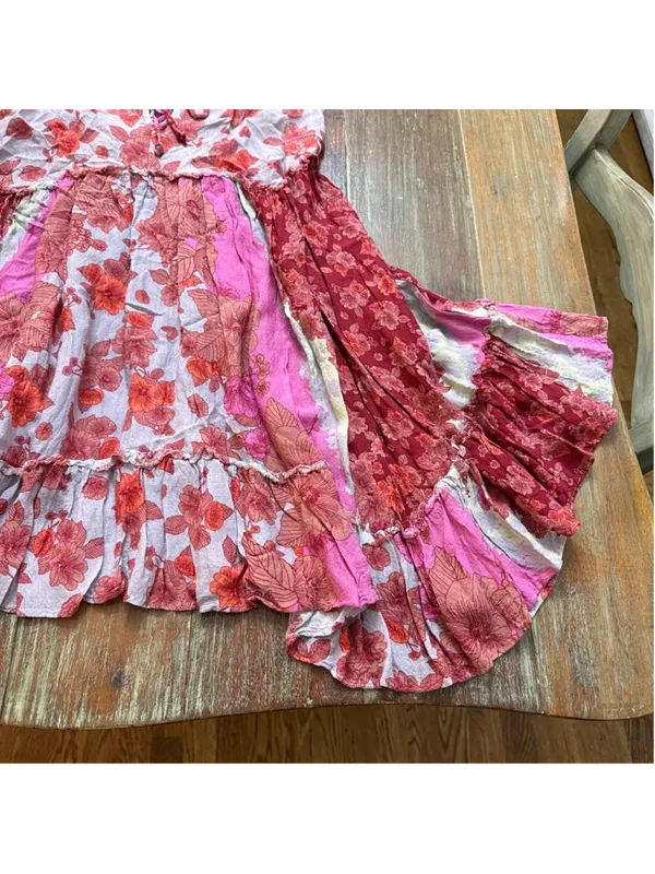 Free People Intimately Floral Patchwork Strappy Mini Dress XS Pink Red Flowy - Image 5