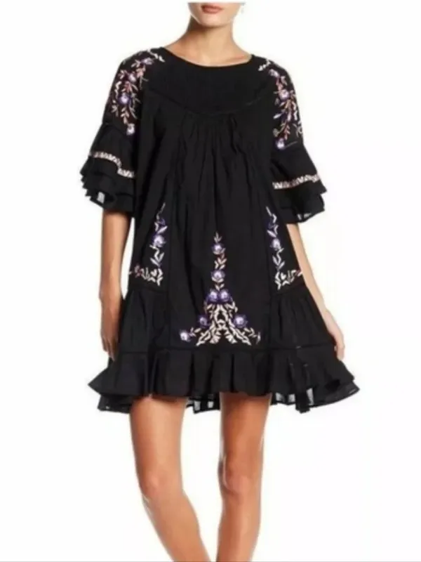 Free People Black Pavlo Embroidered Cottagecore Boho Mini Babydoll Dress - Image 4