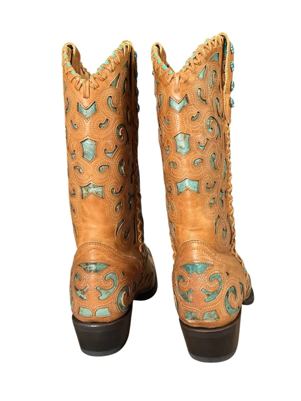 J.B. Dillon Turquoise Leather Cutout Pointed Toe boots Western Coastal Cowgirl 7 - Image 5