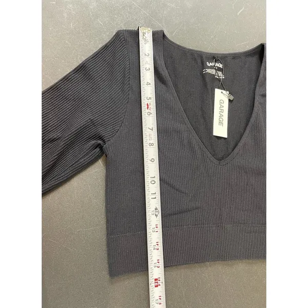 Garage Black Ribbed L Cropped Top Seamless Deep V-Neck Long Sleeve Y2K Look NWT - Image 6