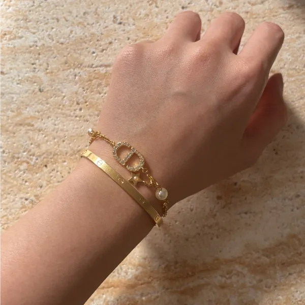 Christian Dior Crystal & Resin Pearl Petit CD Charm Gold Bracelet - Image 6