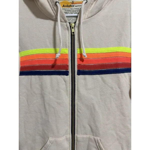 Aviator Nation 5 Stripe Zip Up Hoodie Almond/Neon Size Small‎ - Image 8