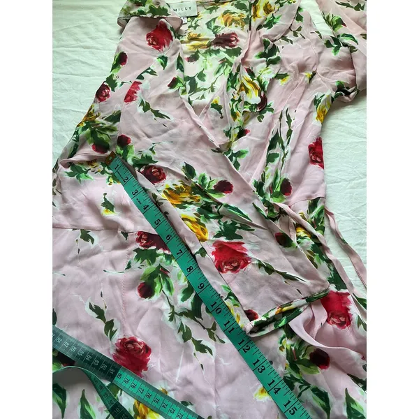 Milly Audrey Dress in Petal Silk Wrap Mini Dress W6 Pink/Green - Image 9