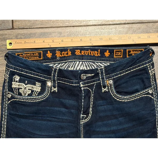 Rock Revival Janelle Bootcut‎ Jeans Dark Wash Low Rise Flap Pockets Bling SZ 28 - Image 6