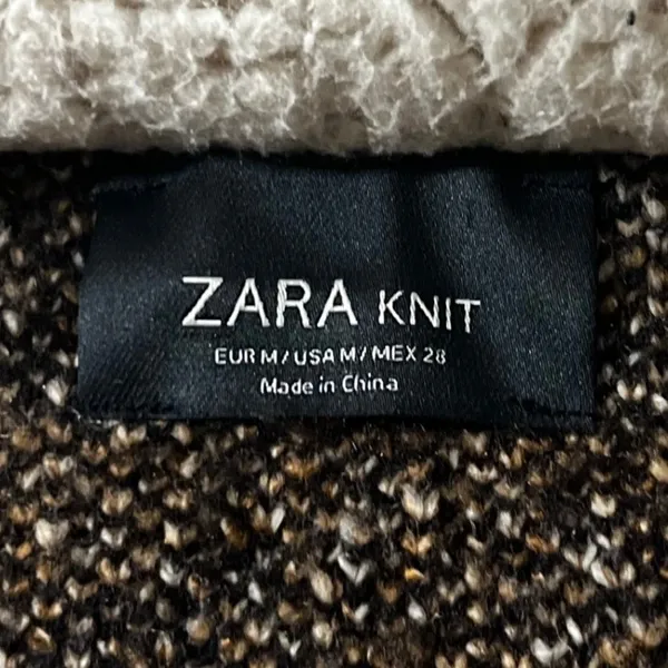 Zara Knit Womens M Black Cream Sherpa Collar Open Front Jacket Cardigan Textured - Image 3