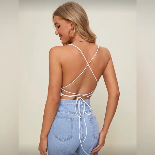 SHEIN Criss Cross Tied Backless Asymmetrical Hem Cami Top, Black, Size S, EUC - Image 2