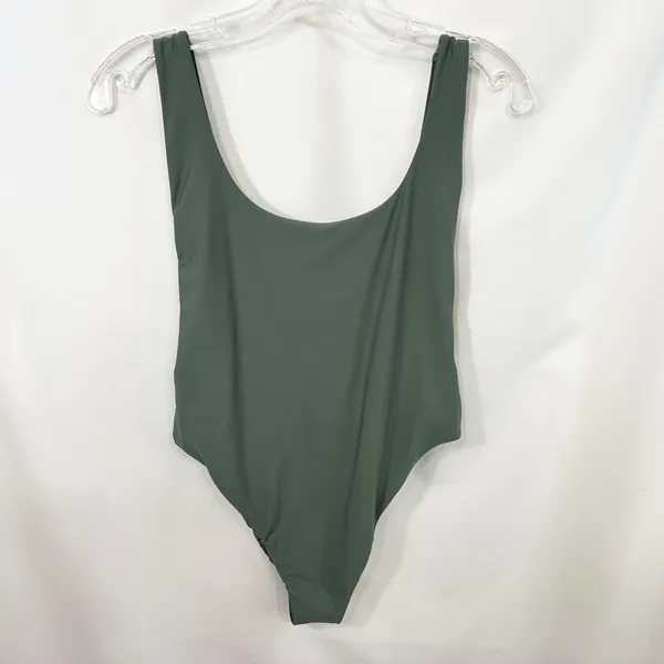Aerie Large‎ One Piece Swimsuit Olive Green Scoop High Cut Solid Beach Vacay 231 - Image 2