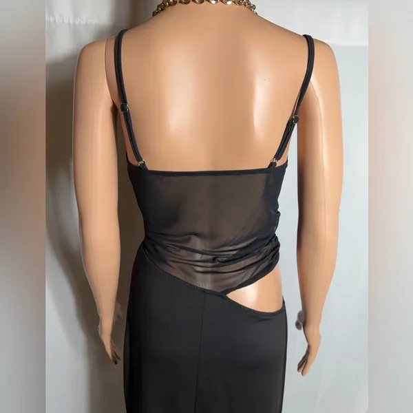 Source Unknown Black Mesh Cutout Maxi Dress Asymmetrical Waist Spaghetti Strap Size M - Image 6