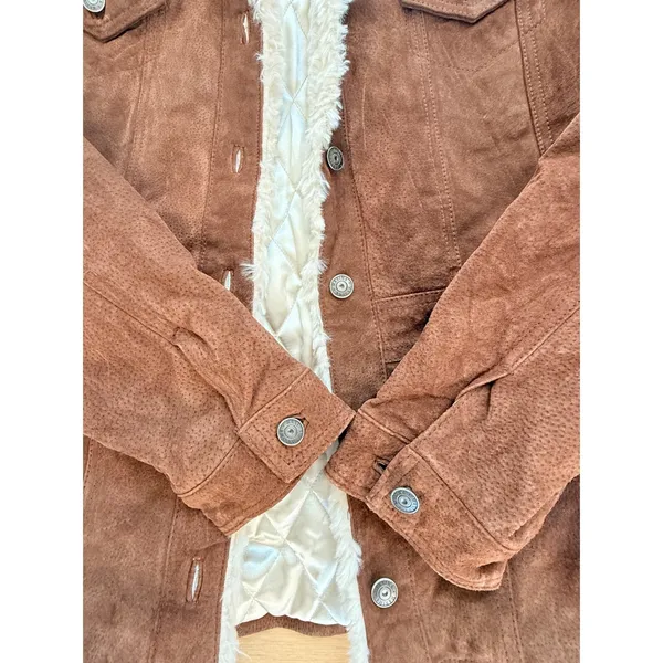 Wilsons Leather Maxima Brown Suede Faux Shearling Trucker Jacket Womens Medium - Image 9