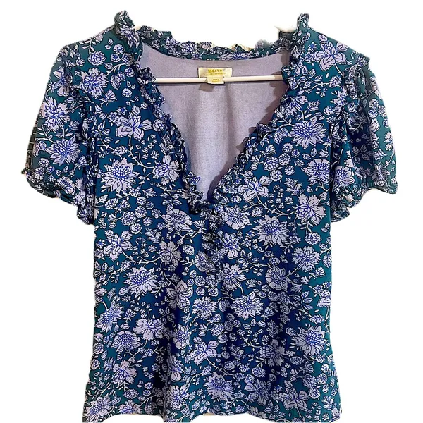 Maeve By Anthropologie Women's Ruffle Puff Sleeve V-Neck Henley Tee Blouse Large - Image 9