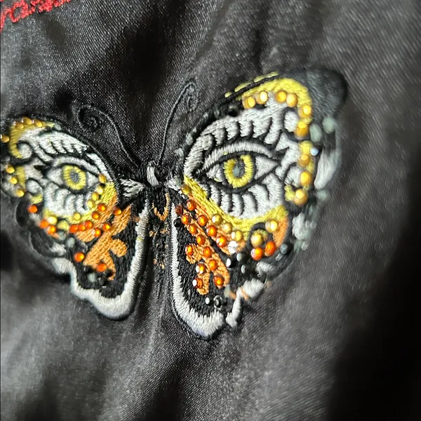 Ed Hardy Womens Bomber Jacket Black Zip Roar Embroidered Butterfly‎ Eyes Vintage - Image 4