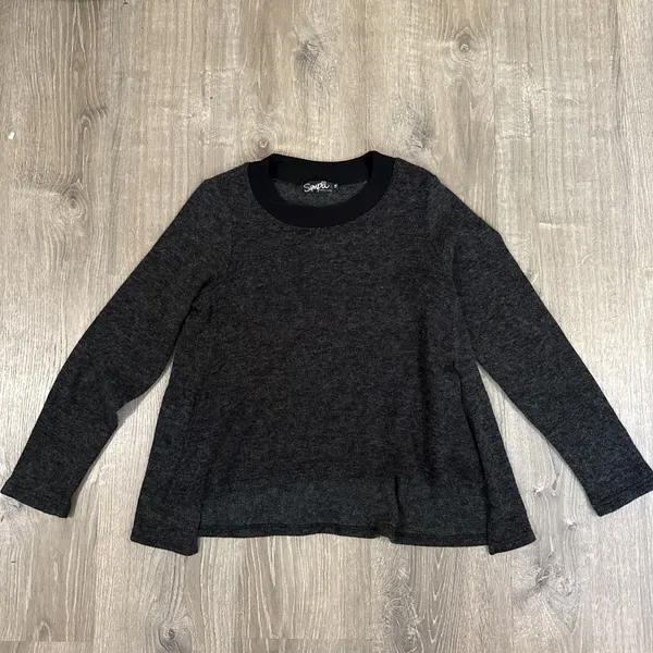 Sympli Top 10 Heathered Knit Sweater w/Black Trim Slit Sides asymmetrical - Image 4