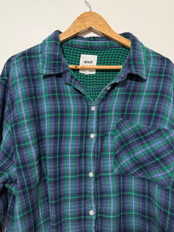 Aerie Plaid Button Up Flannel Shirt Size XXL Blue Green - Image 3