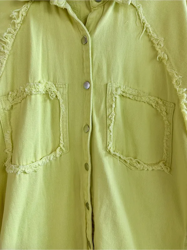POL Chartreuse Green Raw Hem Cotton Shacket Jacket Oversized Frayed Small Casual - Image 6